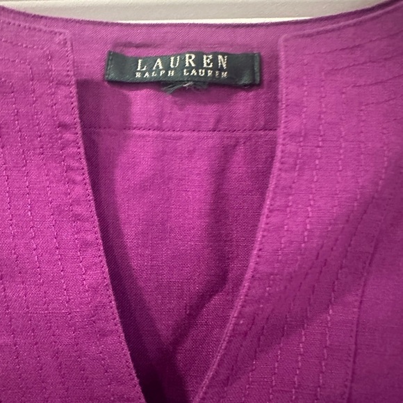 Lauren Ralph Lauren Blouse Women’s  L Purple 100% Linen Roll Tab Sleeve Tunic - Picture 7 of 8